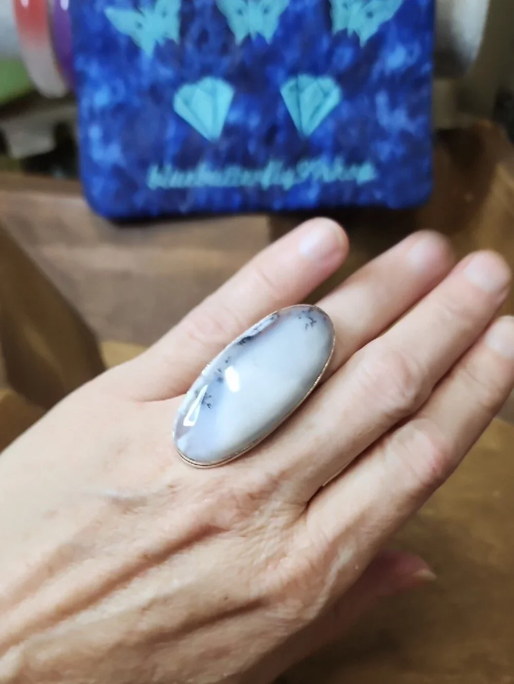 Handcrafted White Dendritic Opal Oval Ring - Women Jewelry